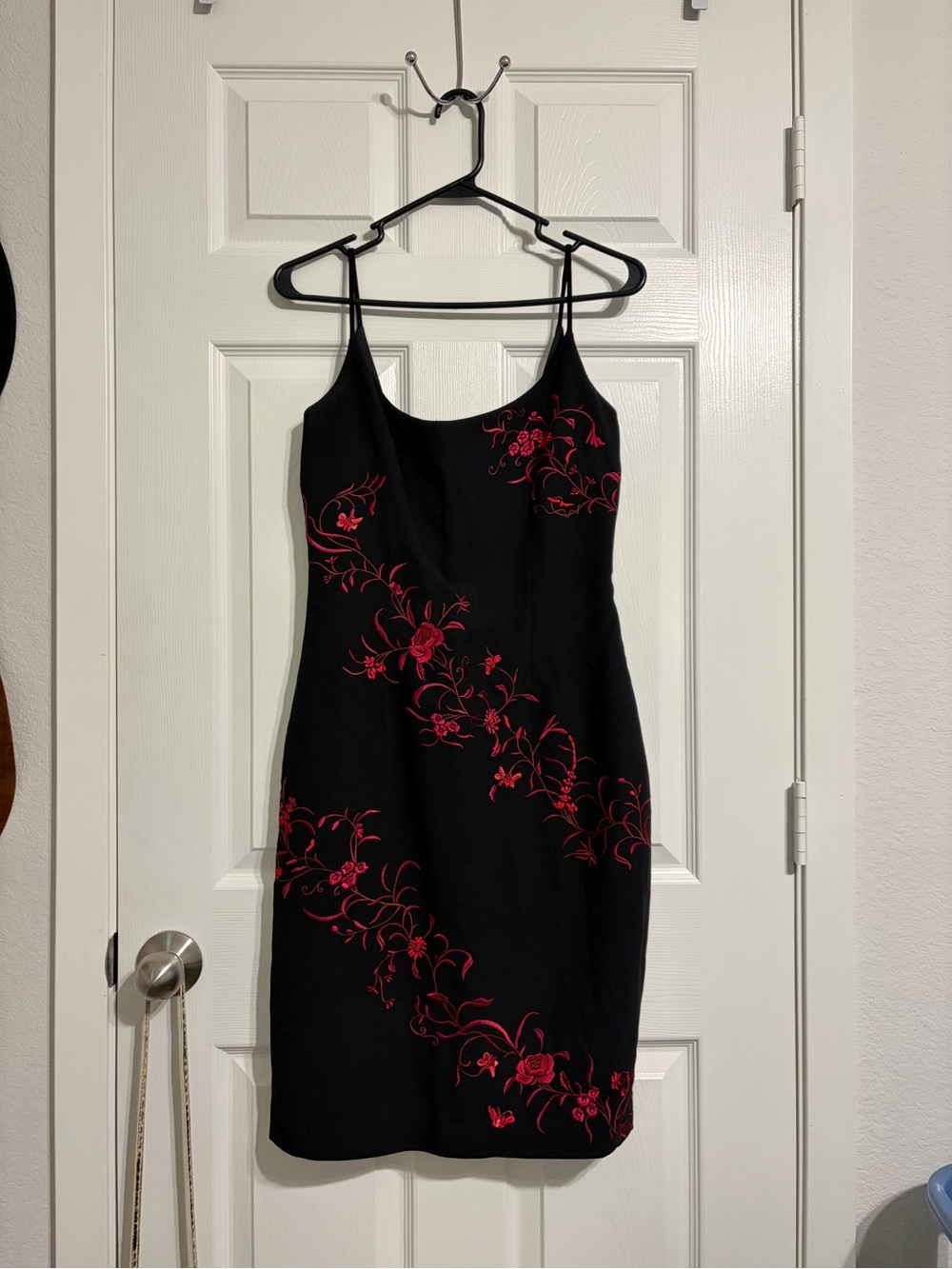 Maggy London Black Slip Dress with Red Floral Embroidery